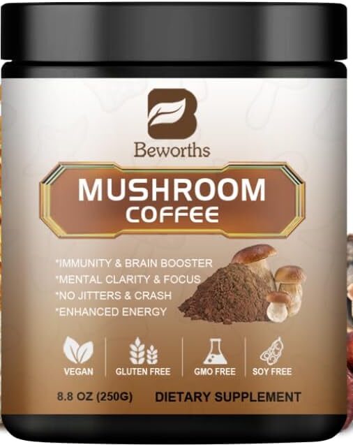 Mushroom Coffee - Lions Mane Mushroom Powder Instant Coffee with Lion's Mane, Reishi, Chaga, Cordyceps, Turkey Tail, Arabica Coffee - Mushroom Coffee Blend Support Gut, Energy, Focus, Brain Heath,250g