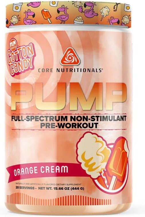 Core Nutritionals Pump Full-Spectrum Non-Stimulant Pre-Workout, with N03T Nitrate, Peak02, Alpha GPC, for Maximum Pump, Strength, and Performance 20 Servings (Fun Sweets™ Orange Cream)